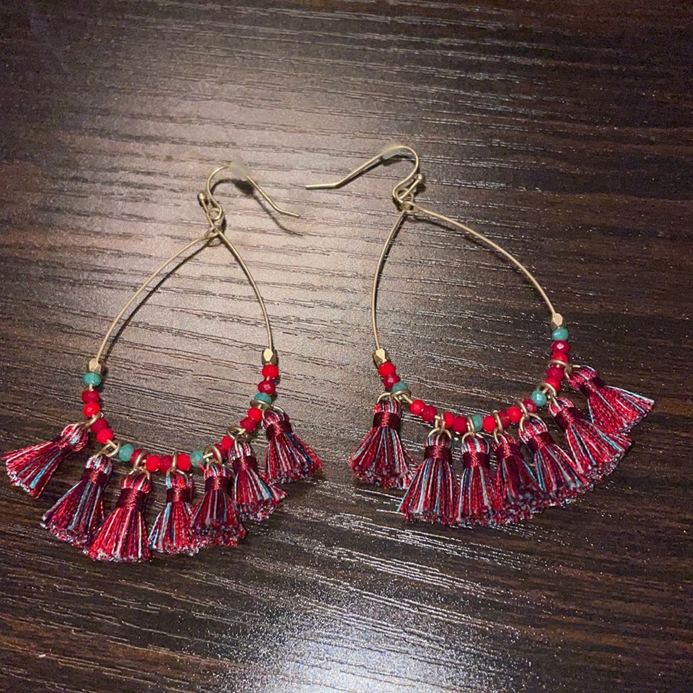 Tassel red and blue earrings